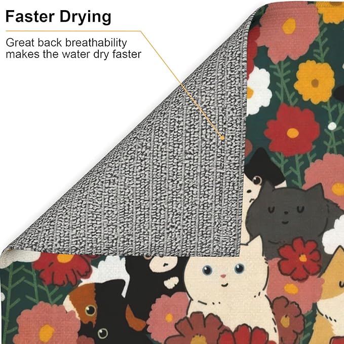 Cute Cat Flowers Dish Drying Mat 16x18 Inch, Microfiber Absorbent Fast Dry Mat - Image 5