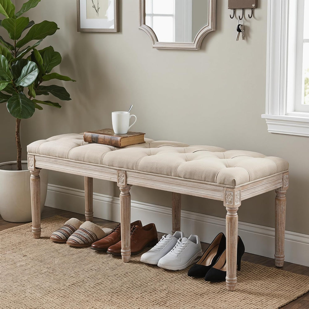 Tufted Dining Bench French Vintage Fabric Upholstered Wood Dining Room Bench ...
