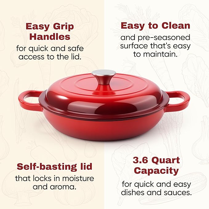 3 Quart Enameled Cast Iron Braiser, Non Stick Enameled Cast Iron Skillet - Image 7