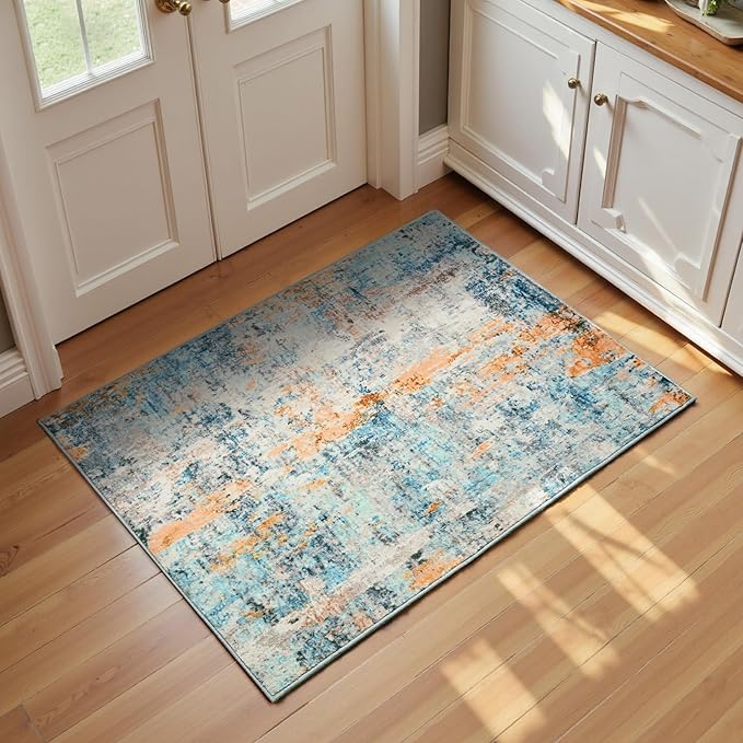 Entrance Rugs Indoor 2x3 Blue Entry Rug Washable Abstract Small Area Rug by OmpaaHomeDecor