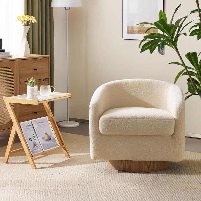 VINGLI 360°Swivel Accent Chair with Engineered Wood Base and Removable Cushion for Living Room, Bedroom, Curved Back Barrel Chair for Small Space, Upholstered Bucket Armchair, Teddy Khaki