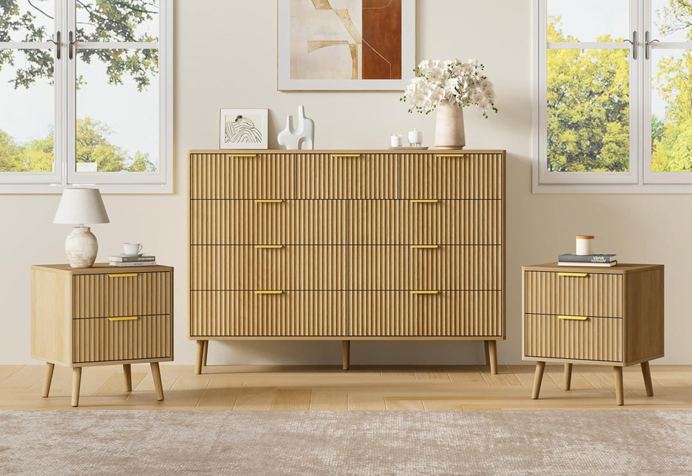 LYNSOM Fluted Dresser and Nightstand Set, 3 Pieces Bedroom Set, 55 Inch Wide ...