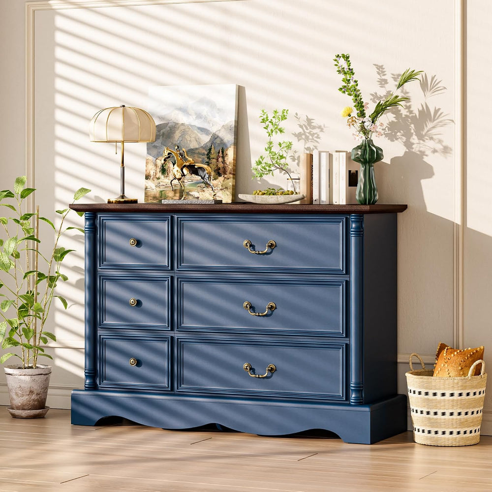 Gray Rustic 6 Drawer Wood Dresser with Charging Station