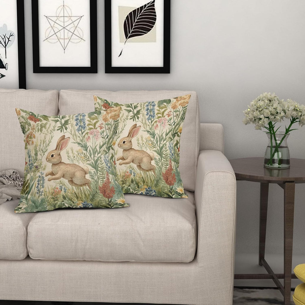 Spring Pillow Covers 16x16 Inch Set of 2 Rabbit Bunny Floral Flower Green Leaves Vintage Botanical Plants Easter Themed Cotton Linen Decorative Throw Pillow Case for Bedroom Sofa Living Room Chair