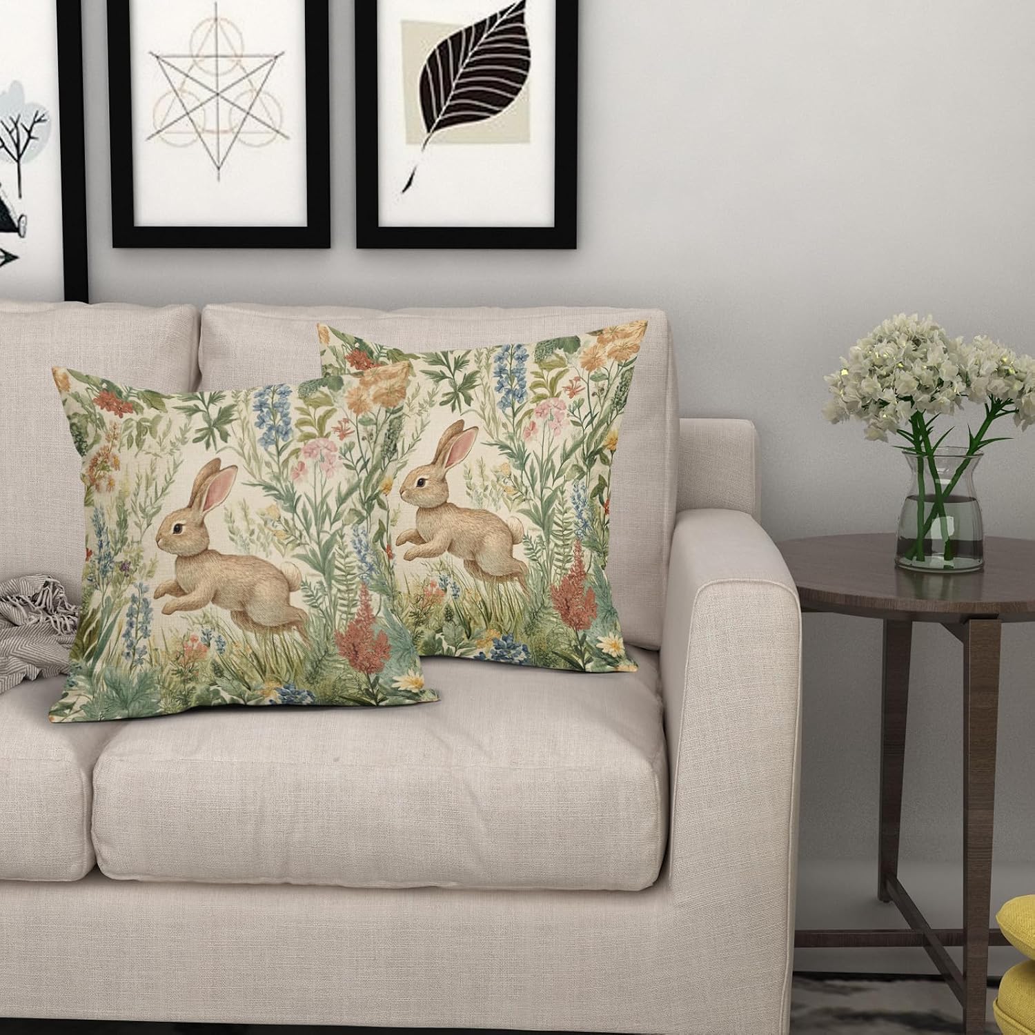 Spring Pillow Covers 16x16 Inch Set of 2 Rabbit Bunny Floral Flower Green Leaves Vintage Botanical Plants Easter Themed Cotton Linen Decorative Throw Pillow Case for Bedroom Sofa Living Room Chair
