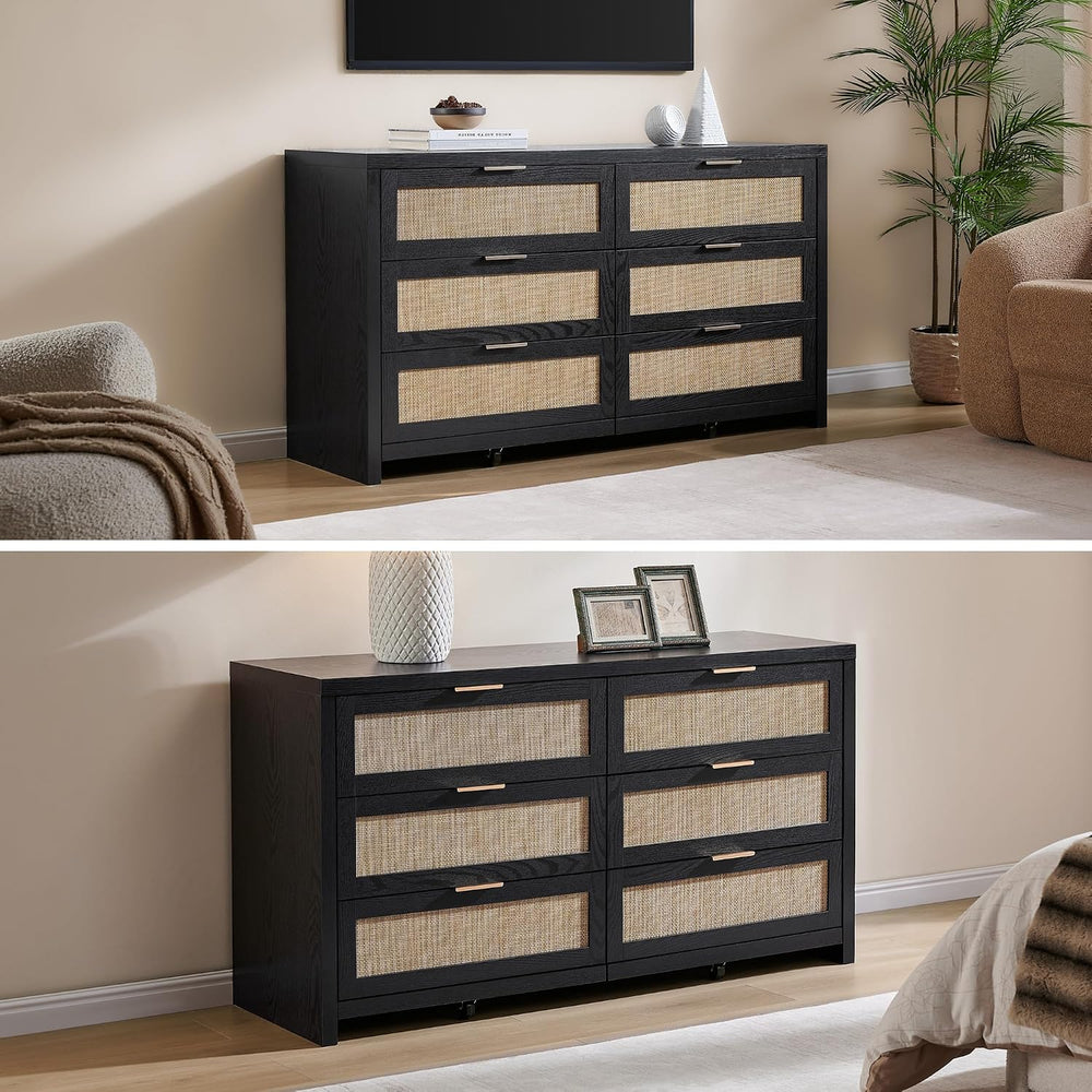 SICOTAS Rattan Dresser for Bedroom, 57" Wide 6 Drawer Dresser