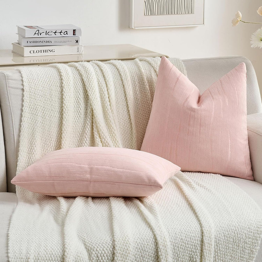 FUTEI Pack of 2 Chenille Striped Throw Pillow Covers 20x20 Inch,Pink | Soft Embossed Striped Decorative Pillow Covers,Hidden Zipper,Machine Washable,Colorfast,for Sofa Bed Living Room