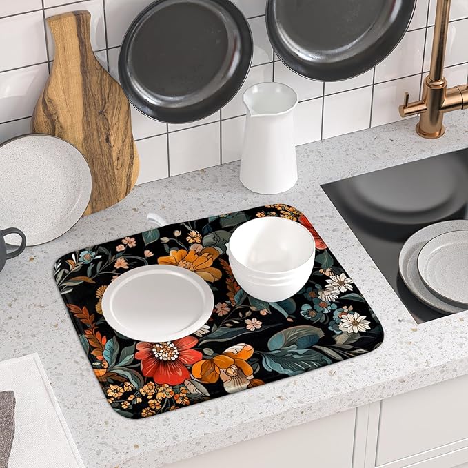 Vintage Floral Dish Drying Mat 16x18 inch Boho Flower Drainer Mats Fast Dry - Image 6