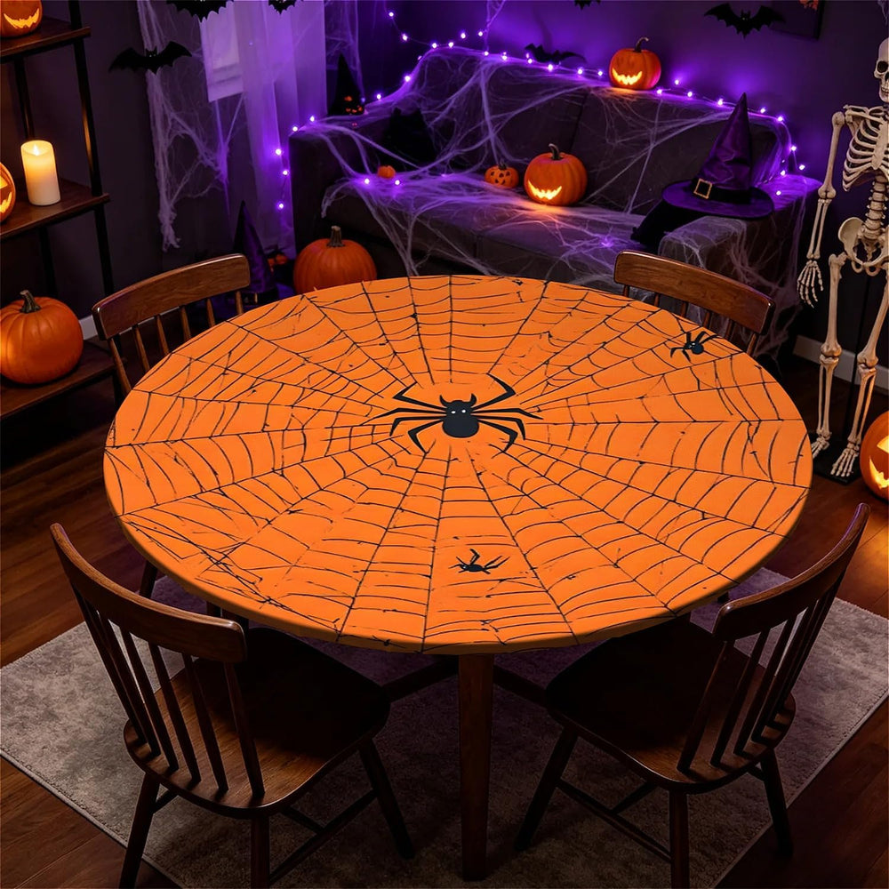 60 Inch Fall Round Waterproof Tablecloth for Dinner, Halloween Fitted Round T...