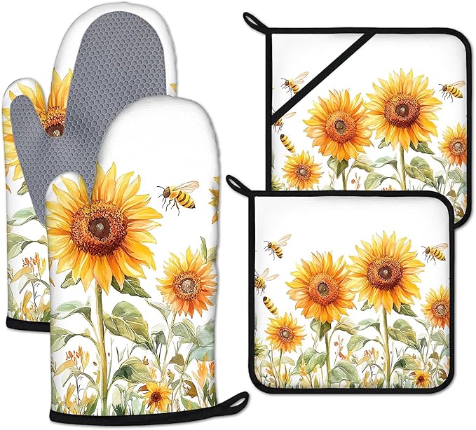 Watercolor Sunflower Oven Mitts and Pot Holders Sets Heat Resistant 4Pcs Busy by ANTJOO