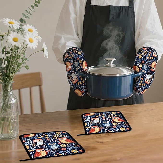 Colorful Cute Owl Oven Mitts and Pot Holders, Heat Resistant Oven Mitts Gloves - Image 7