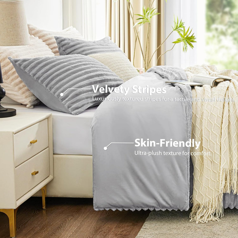EXQ Home Fluffy Comforter Set Queen Size,3 Pieces Bed Set,Light Gray