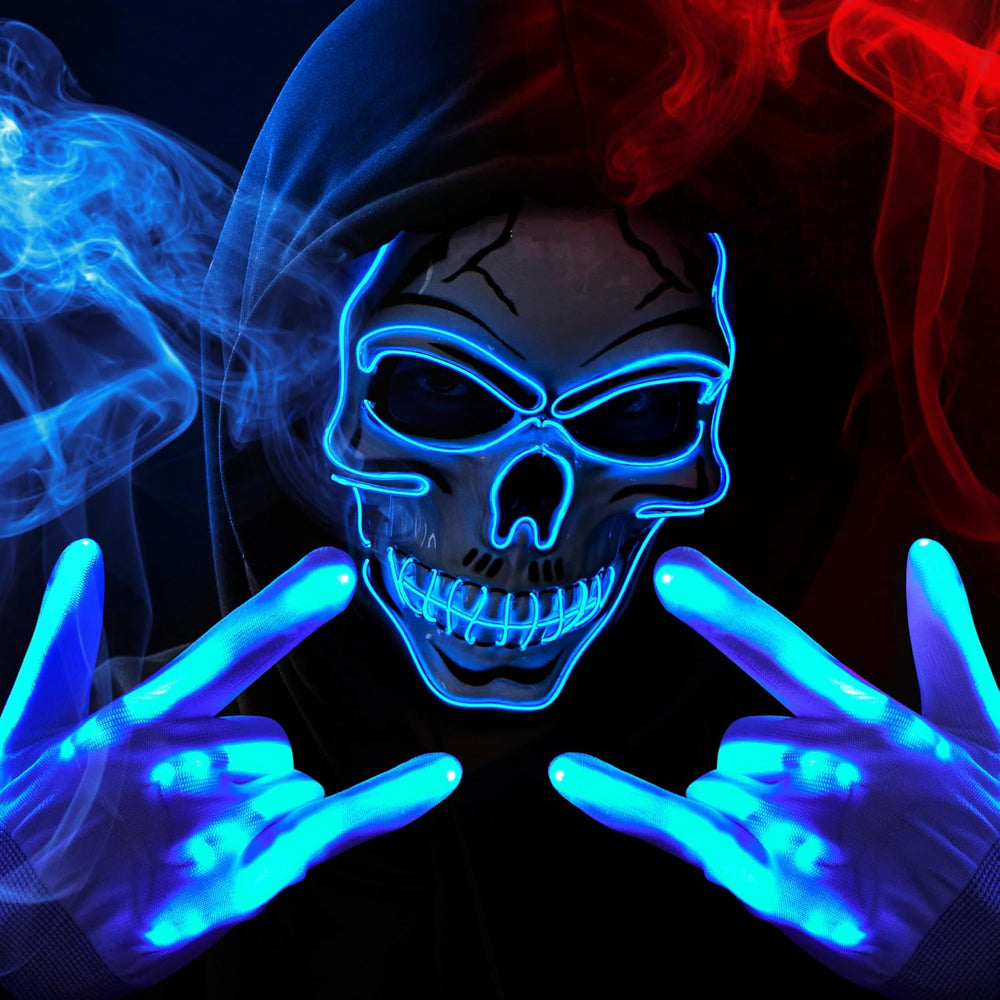 JOYIN Halloween LED Skull Mask with Light Up Gloves, Blue Scary Glow Up Skull...