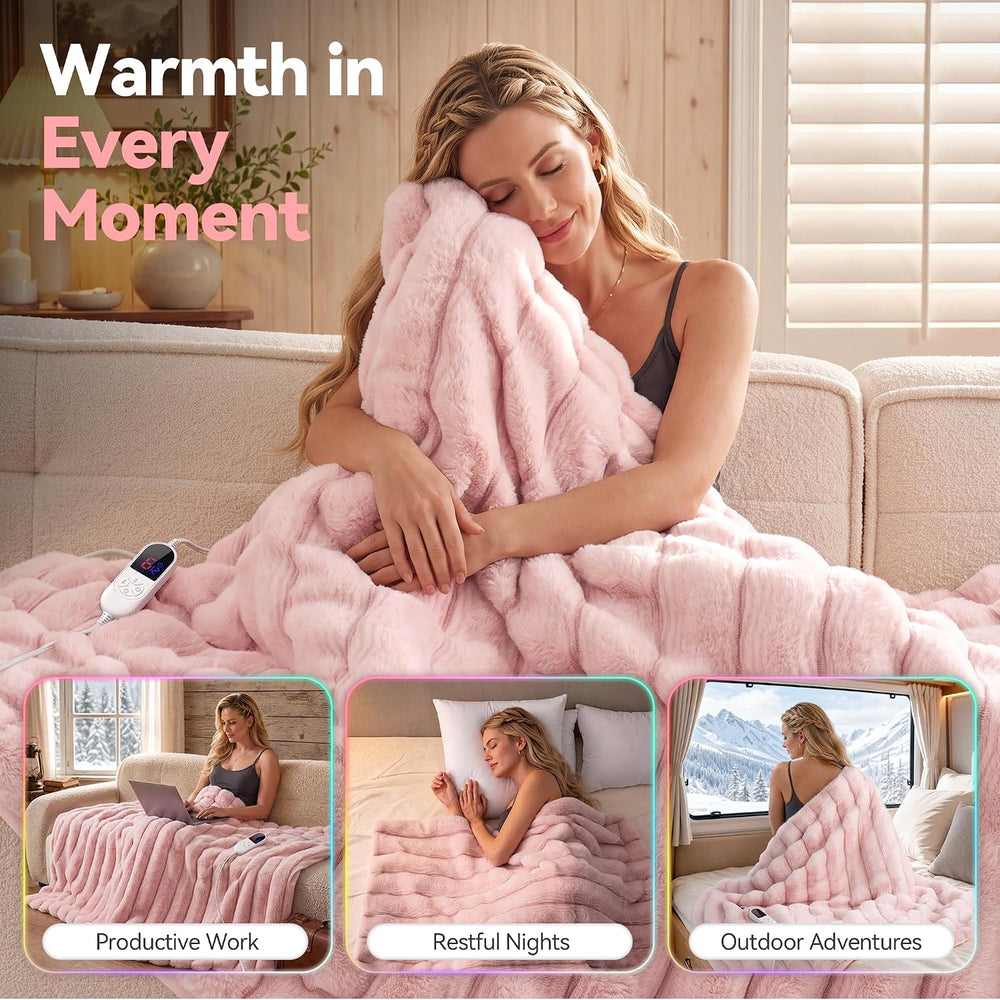Heated Blanket Faux Rabbit Fur Electric Blanket 50"x60" Pink