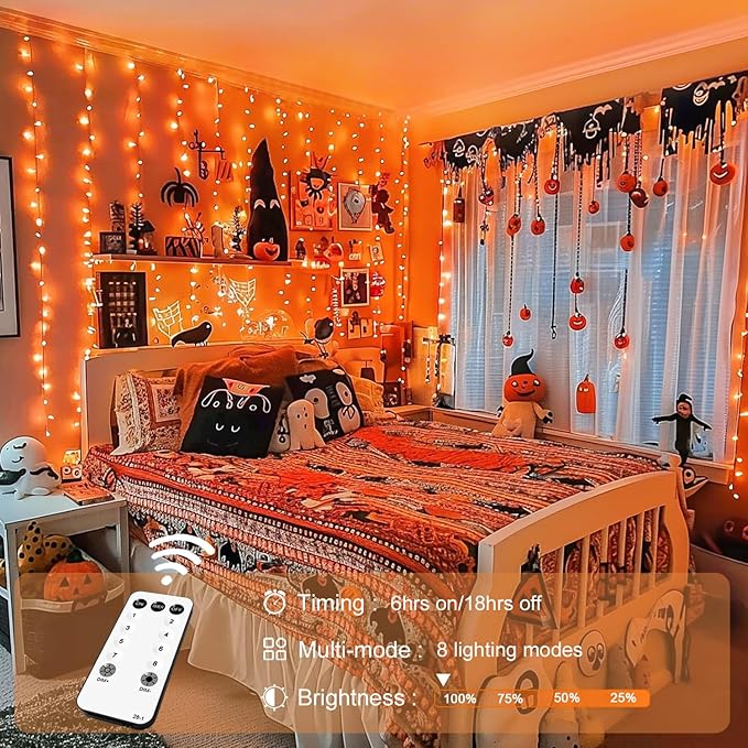 JMEXSUSS 300LED Orange Halloween Lights with Remote, 9.8x9.8ft Halloween Curt...