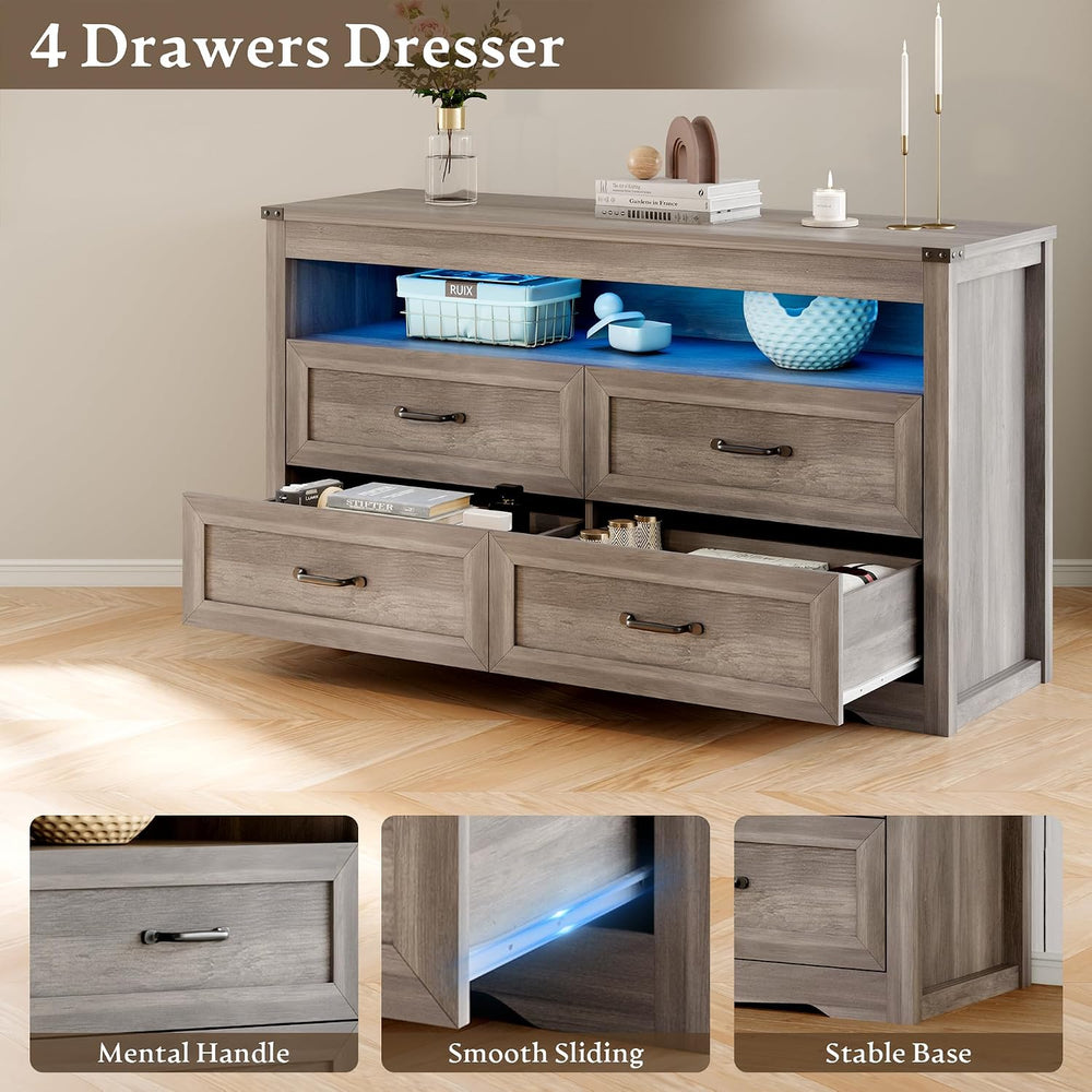 Xixini Dresser for Bedroom with LED Lights, 4-Drawer Grey Chest of Drawers