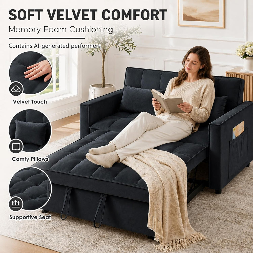 3 in 1 Pull Out Couch Bed, Convertible Futon Sofa Bed, Velvet Sleeper Lovesea...