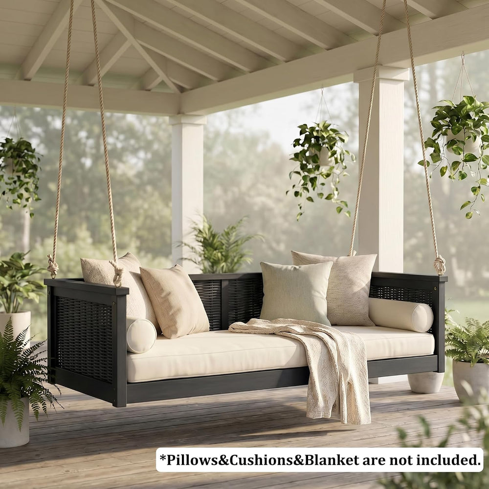 LUMISOL Twin Size Outdoor Porch Swing Bed, Solid Wood Rattan Swing Daybed Fra...