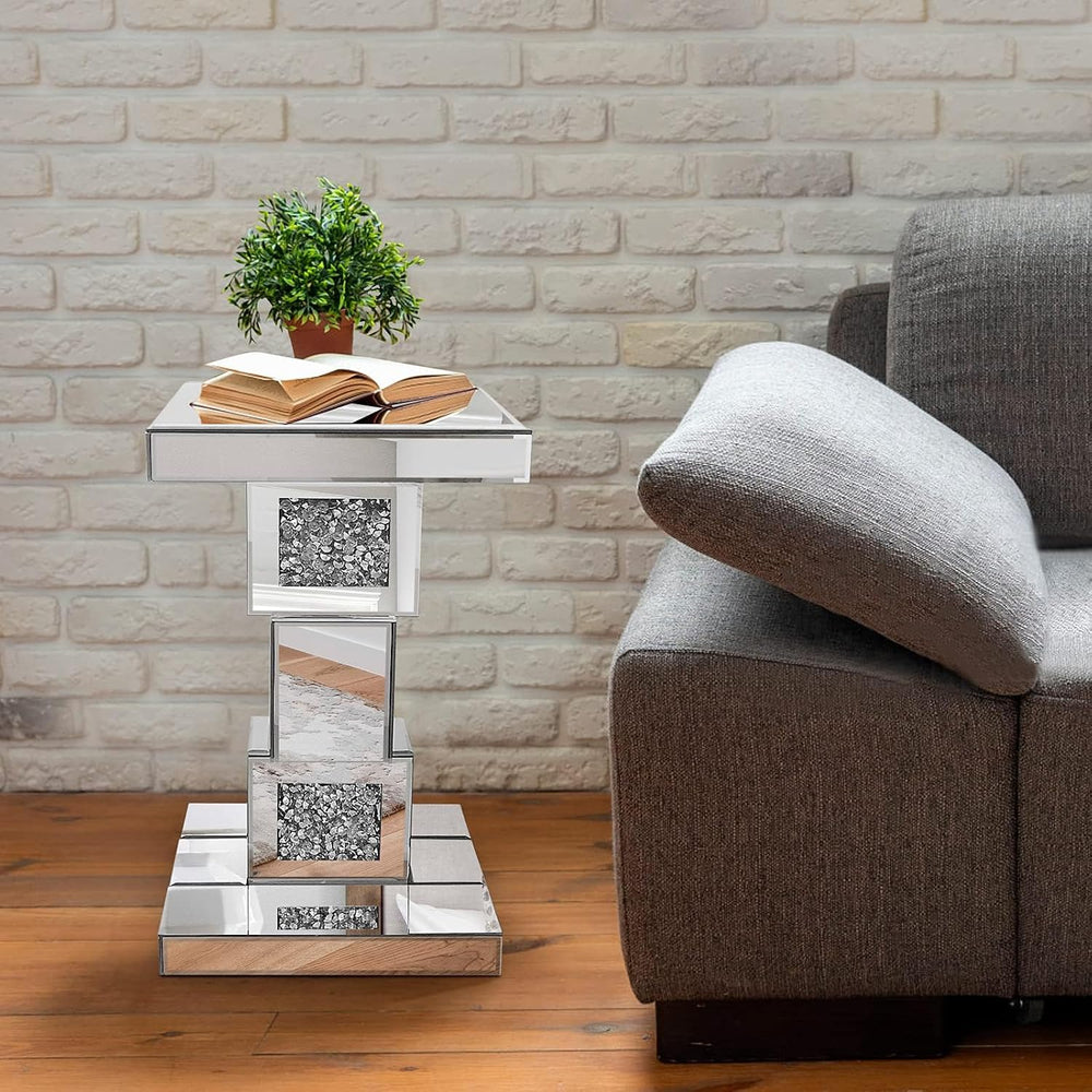 Silver Mirrored End Table With Crystal Inlay, Modern Side Table Accent Table,...