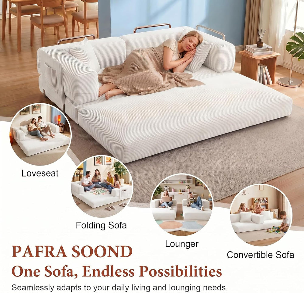 Convertible Futon Sofa Bed | 78.8” Corduroy Boneless Couch with Pull Out Sofa...