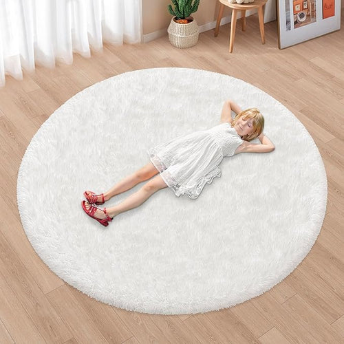 6x6 ft Tie Dye White Round Rug for Bedroom Room Fluffy Circle Rug Furry Carpet by JiaoBaba
