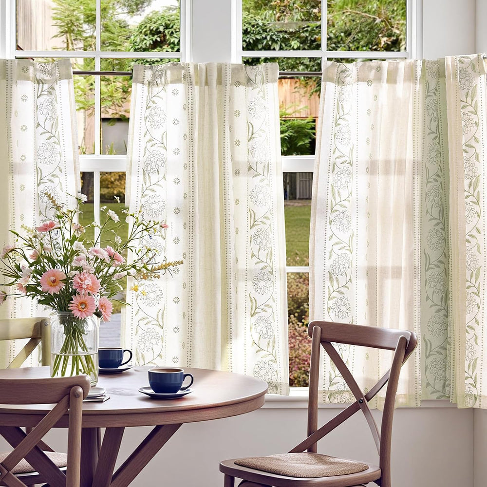 JINCHAN Green Floral Linen Kitchen Tier Curtains 45 Inch Back Tab 2 Panels