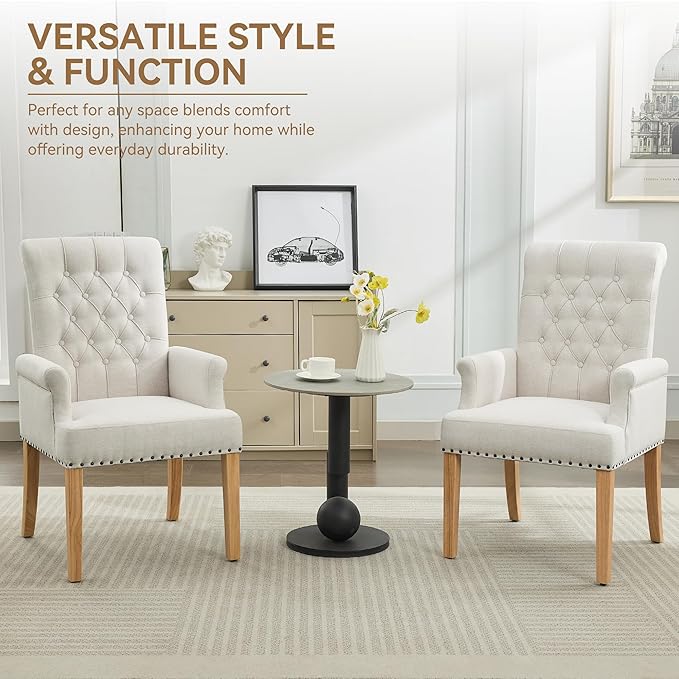 Fabric Dining Chair with Arms, Upholstered Tufted High Back Dining Room Chair...