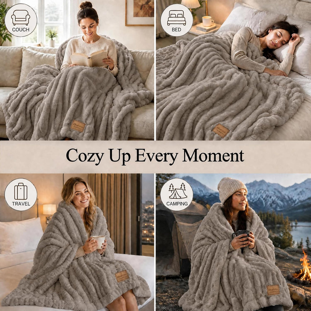 1000 GSM Double-Sided Faux Fur Throw Blanket, 50" x 60", Dune Brown...