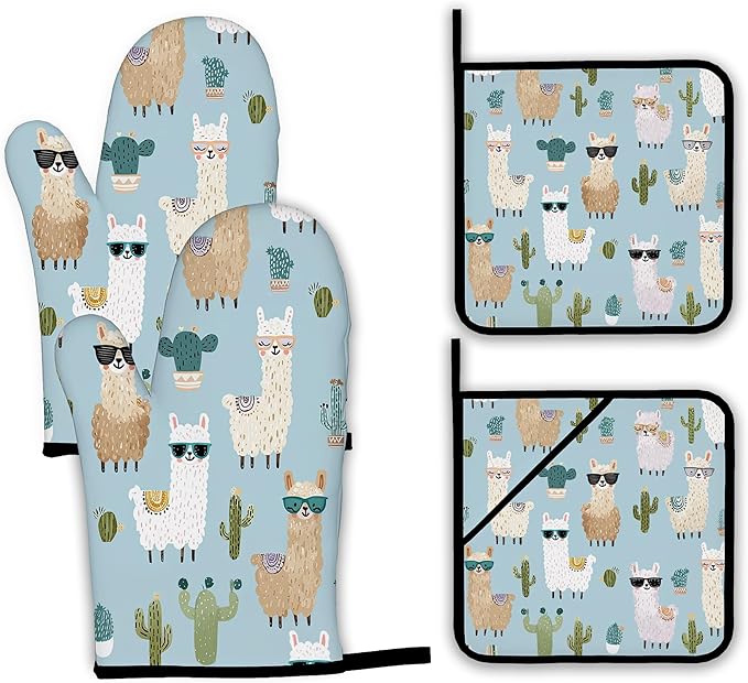 Cute Alpacas Oven Mitts and Pot Holders Set, Cactus Kitchen Decor Heat by Unknown