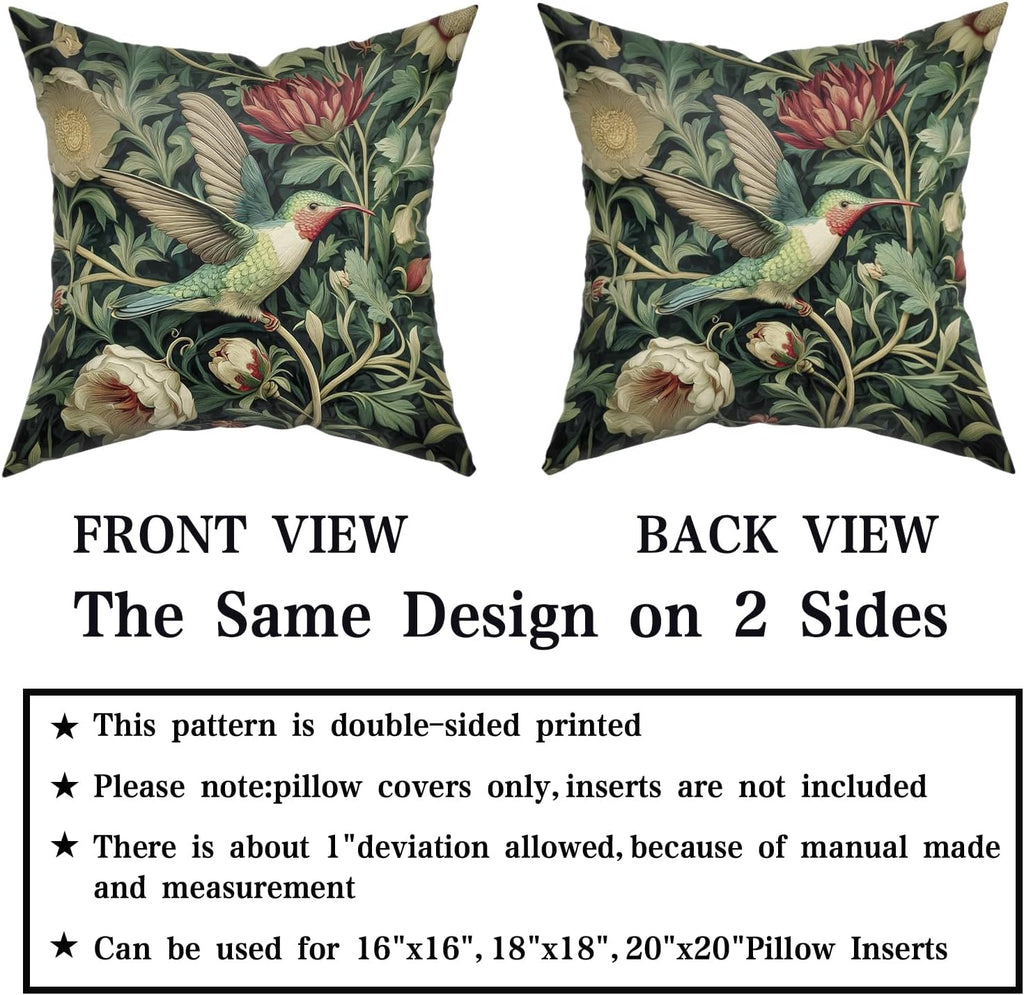 Giwawa Vintage Hummingbird Pillow Covers Set of 2, Rustic Green Bird Floral Pillow Cases 20x20in, Boho Flower Botanical Cotton Throw Cushion Covers for Sofa Couch Patio Seasonal Decoration