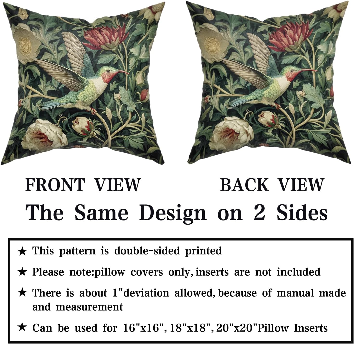 Giwawa Vintage Hummingbird Pillow Covers Set of 2, Rustic Green Bird Floral Pillow Cases 20x20in, Boho Flower Botanical Cotton Throw Cushion Covers for Sofa Couch Patio Seasonal Decoration