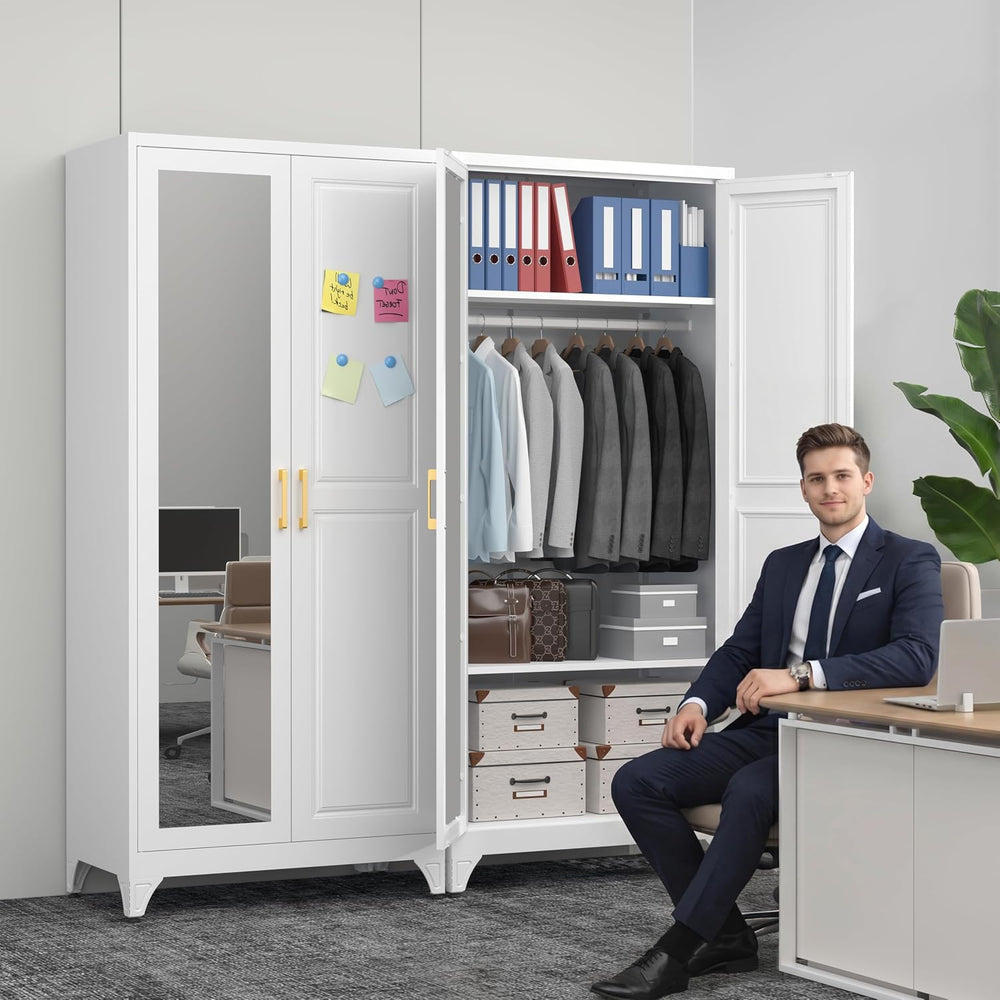 Metal Armoire Wardrobe Closet with Mirror, 71" Tall White Cabinet