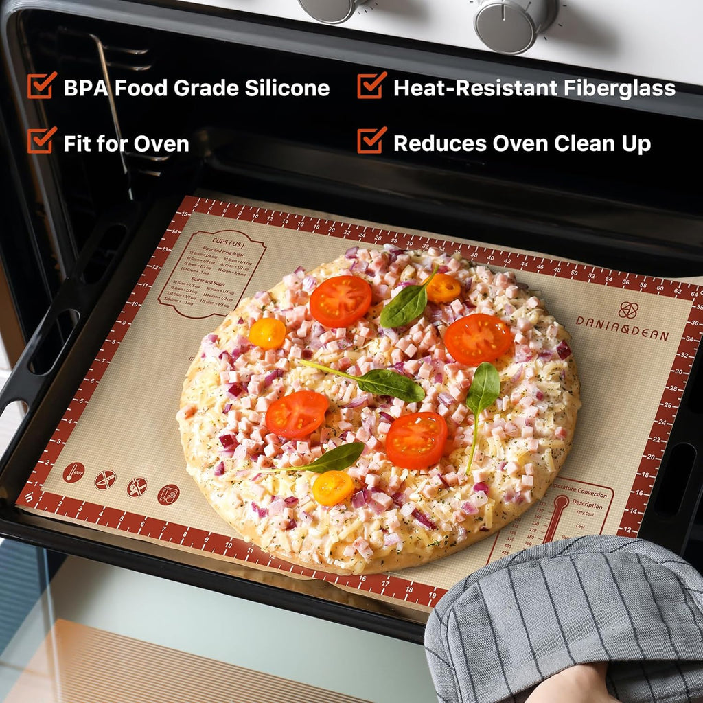 DANIA & DEAN 26"x16" Extra Thick Silicone Baking Mat for Pastry and Bread | Non-Slip & Non-Stick Mat with Measurements, for Pizza, Pie Crust, Dough Rolling, Pasta & Sourdough, Reusable Counter Sheet
