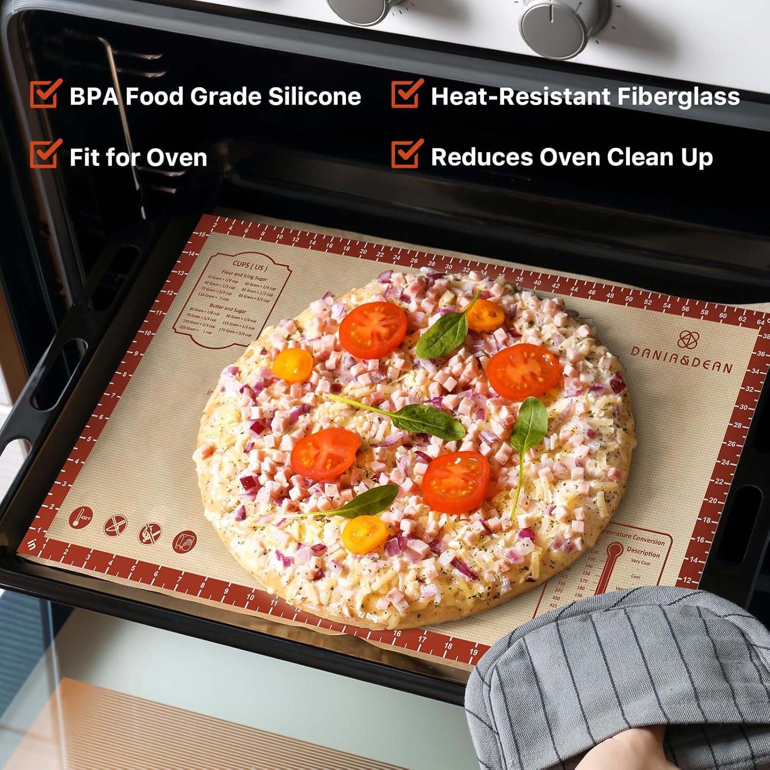 DANIA & DEAN 26"x16" Extra Thick Silicone Baking Mat for Pastry and Bread | Non-Slip & Non-Stick Mat with Measurements, for Pizza, Pie Crust, Dough Rolling, Pasta & Sourdough, Reusable Counter Sheet