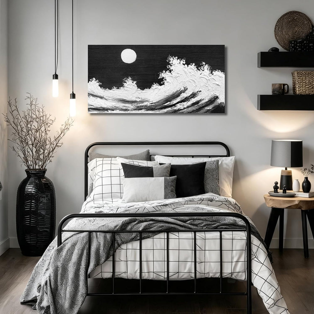HUBOSKN Wave Painting Wall Art for Office Black White Decor for Bedroom 24 X ...