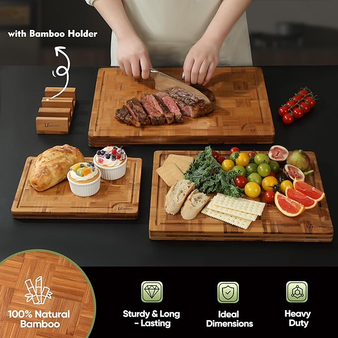 Heavy Duty Bamboo Cutting Board Set 3 Pack Non Toxic Juice Groove Charcuterie - Image 7