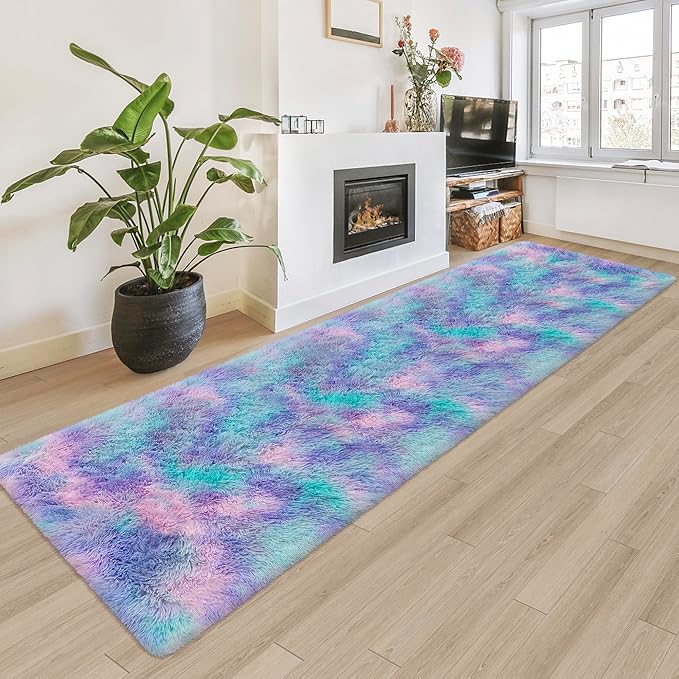 Super Soft Fluffy Living Room Area Rug 2x8 ft Purple Rainbow Tie-Dyed Shaggy by JiaoBaba