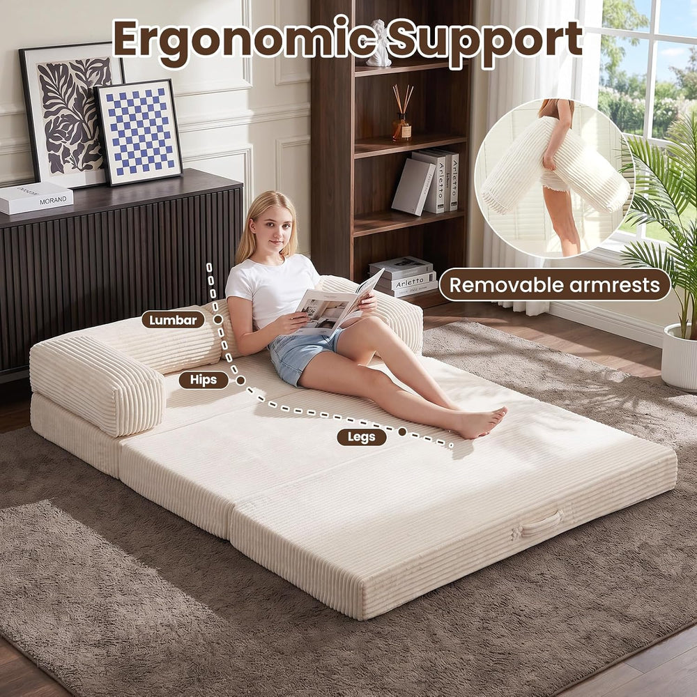 5-in-1 Convertible Sofa Bed,60" Boneless Couch with Pull Out Bed,Tri-Fol...