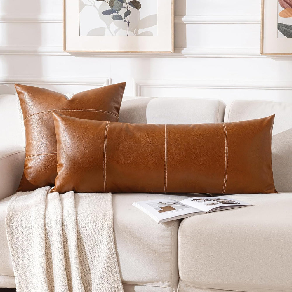 Fancy Homi Brown Boho Long Lumbar Faux Leather Body Decorative Throw Pillow C...