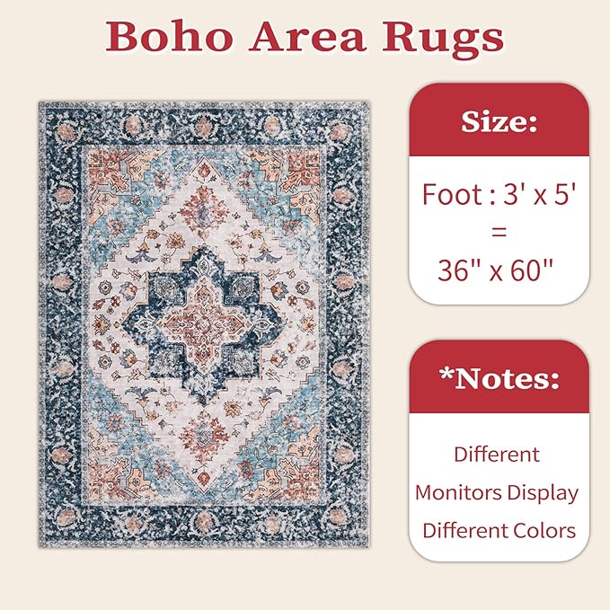 SERISSA Area Rug 3x5 Boho Rugs for Bedroom, Washable Kitchen Rugs Non-Slip - Image 2