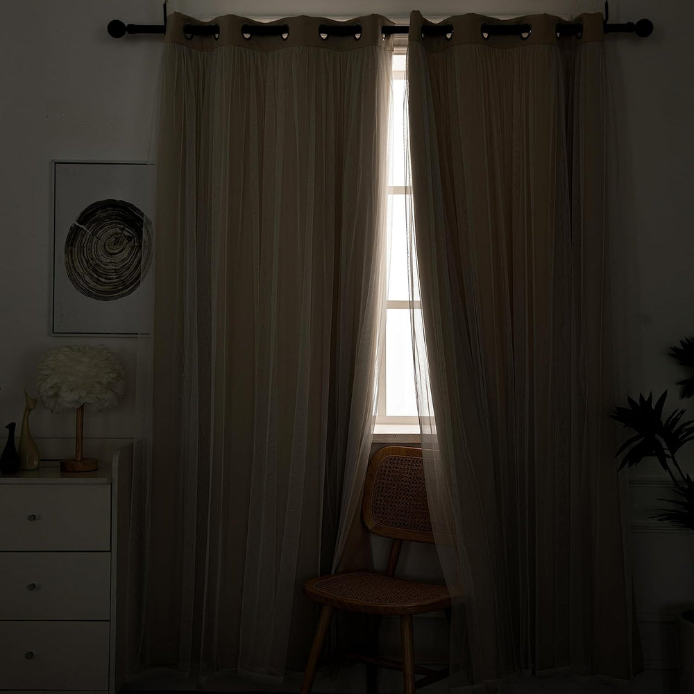 INLINAS Blackout Curtains with Sheer Overlay, Beige, 52x84 Inches