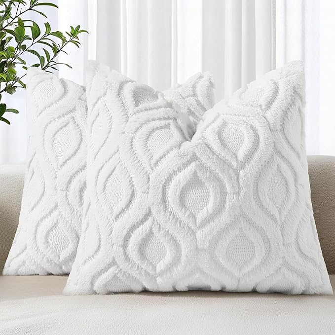 decorUhome Throw Pillow Covers 20x20 Inch Set of 2, Soft Plush Faux Wool White by decorUhome