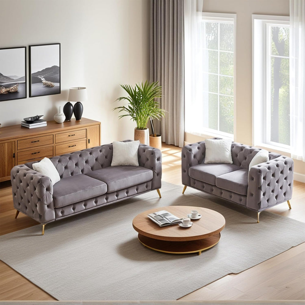 2 Piece Chesterfield Velvet Combination Sofa for Living Room,82.5" 3-Sea...