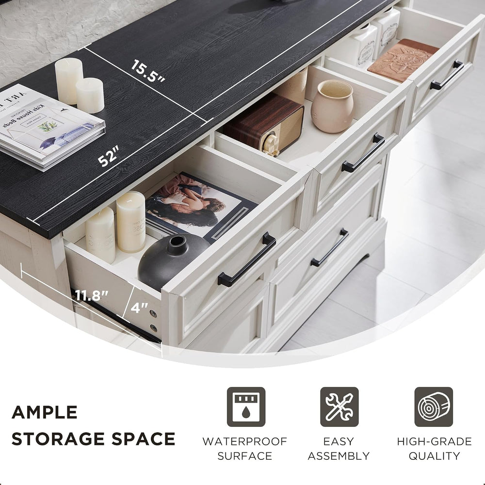 52" Wide Farmhouse 9 Drawer Dresser for Bedroom, Off White