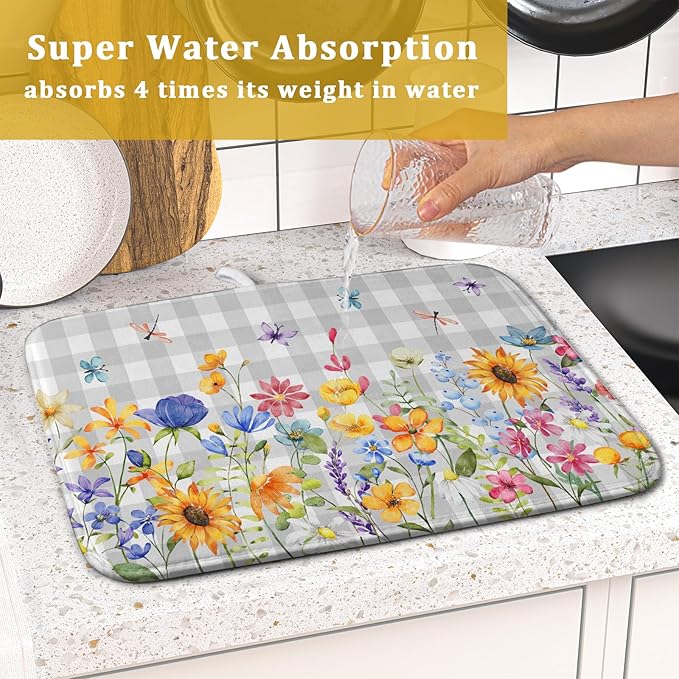 Giwawa Spring Floral Dish Drying Mat, Summer Flower Grey Buffalo Plaids Dish - Image 7