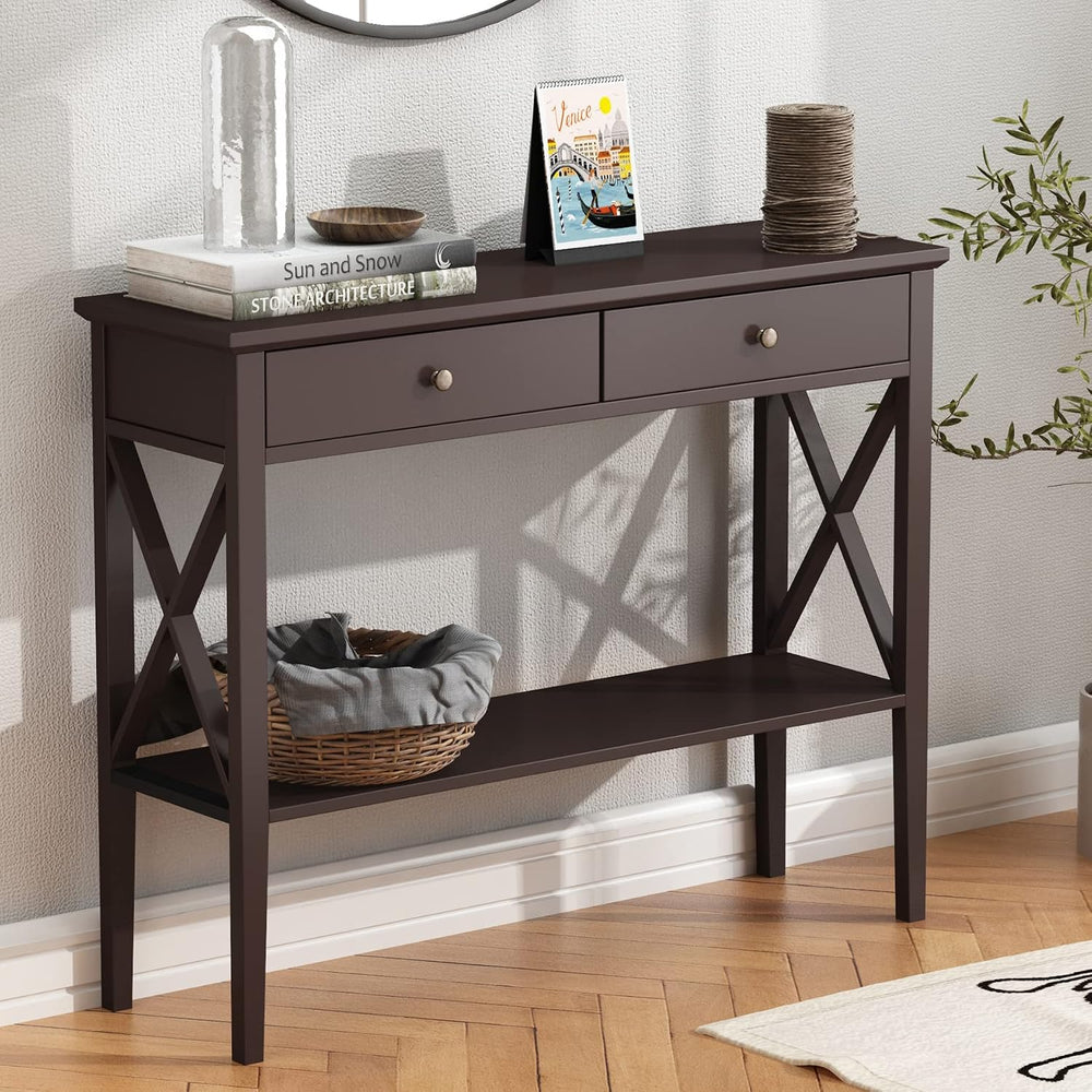 ChooChoo Console Table with Drawers, Narrow Wood Accent Sofa Table Entryway T...