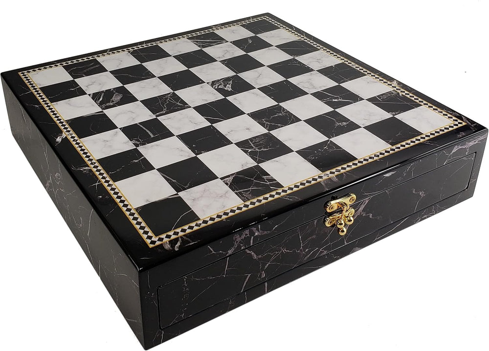 17" High Gloss Chess Storage Board Chest W/ 2 Drawers Black and White Fa...