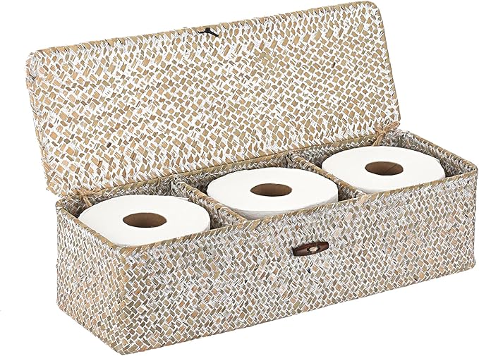 Hipiwe Storage Basket with Lid 3 Sections Handwoven Seagrass Basket Rectangular - Image 9