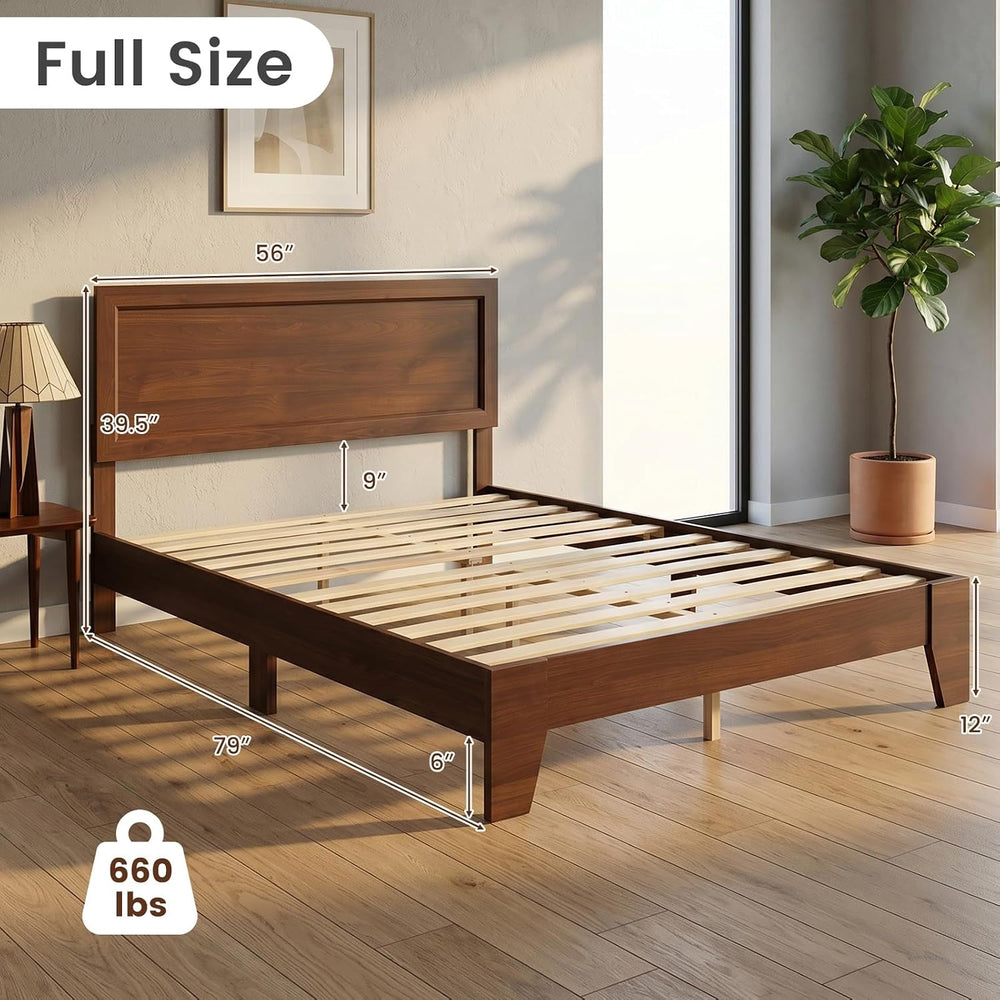 KOMFOTT Full Size Bed Frame, Mid-Century Modern Platform Bed with Headboard, ...
