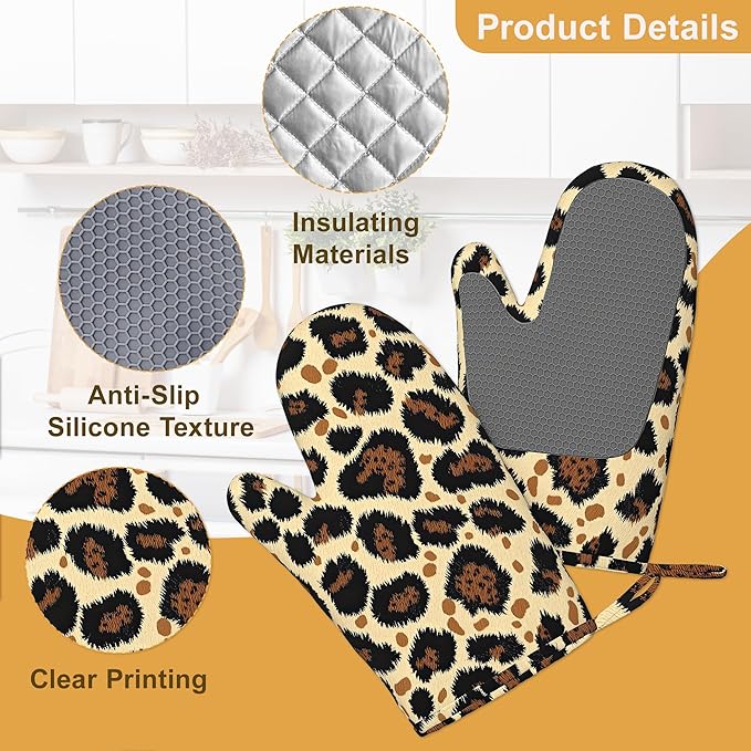 Leopard Print Oven Mitts and Pot Holders Sets of 4, Heat Resistant Silicone - Image 3